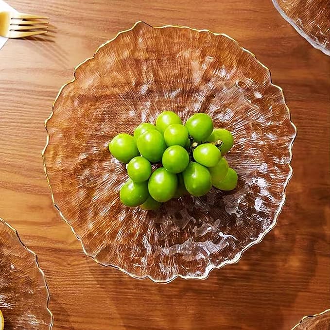 Glass Salad Bowl Irregular Lotus Flower Shape Serving Bowls, Mixing Nut Bowls for Kitchen Fruist, Snack, Dessert, and Ice Cream Candy Dishes (Plate with Gold Rim Crystal Clear, Small)