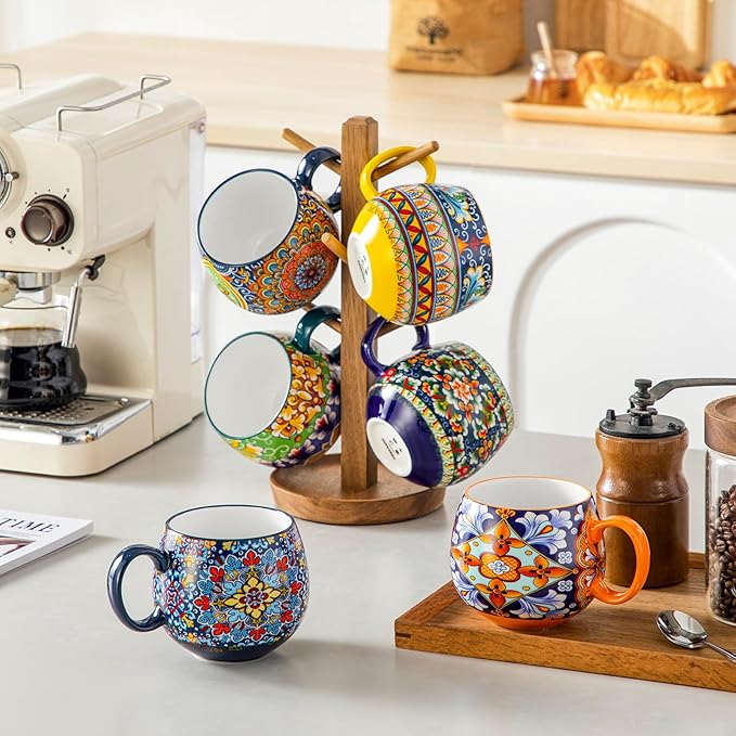 vancasso Coffee Mugs Set of 6, Coffee Cups Ceramic 16oz, Porcelain Coffee Mugs for Cappuccino, Latte, Espresso, Colorful Coffee Mugs with Handle, Rounded Boho Mugs, Microwave & Dishwasher Safe