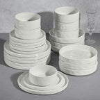 E-far 24-Piece Plates and Bowls Sets with Pasta Bowls - Stoneware Dinnerware Set for 6, Modern Ribbed Speckled White Dishes, Microwave & Dishwasher Safe