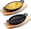 Mifoci 2 Pcs Mini Cast Iron Skillet with Wooden Base Small Cast Iron Fajita Plates Baker's Skillet Matte Black Pan Pot for Kitchen Restaurant Barbecue Dinner (8.7 x 4.7 x 1.6 Inches)
