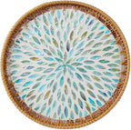 14" Large Rattan Serving Tray with Mother of Pearl, Round Coffee Table Tray Decor, Boho Decorative Round Hand-Woven Wicker Home Decor (Galaxy Blue)