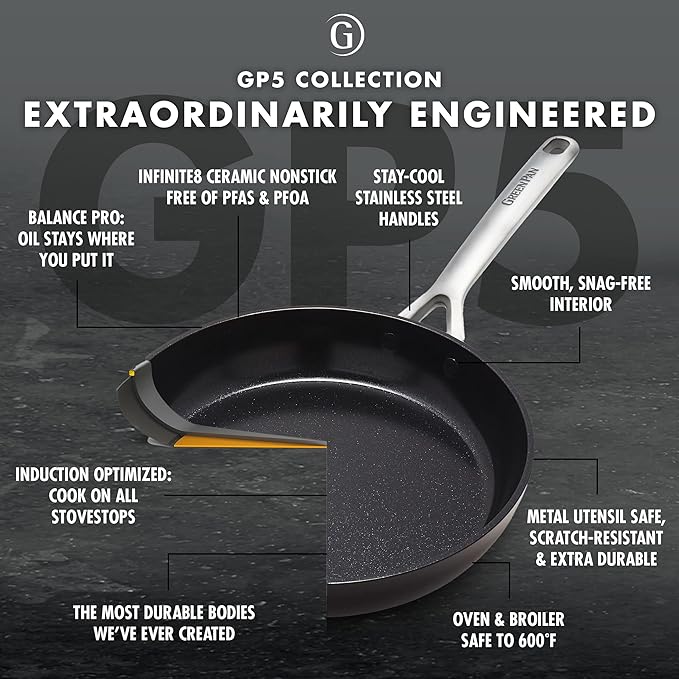 GreenPan GP5 Hard Anodized Healthy Ceramic Nonstick 14 Piece Cookware Pots & Pans Set,Heavy Gauge Scratch Resistant, Stay Flat Surface,Induction, Mirror Finish Handle,Oven Safe, PFAS-Free, Black