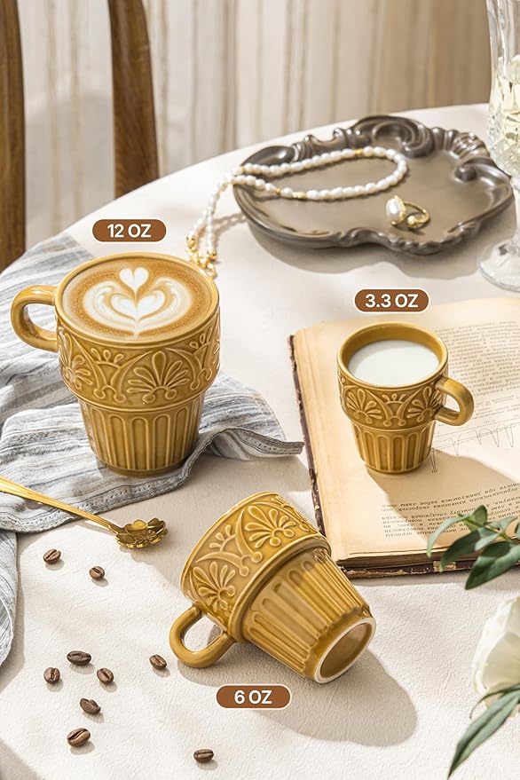 LYEOBOH Small Coffee Mug Set of 6, Stackable Mugs 3.3 OZ Ceramic Espresso Cups, Microwave & Dishwasher Safe Coffee Mugs Cups for Coffee Tea Cocoa, Modern Design for Home Kitchen, Housewarming, Khaki