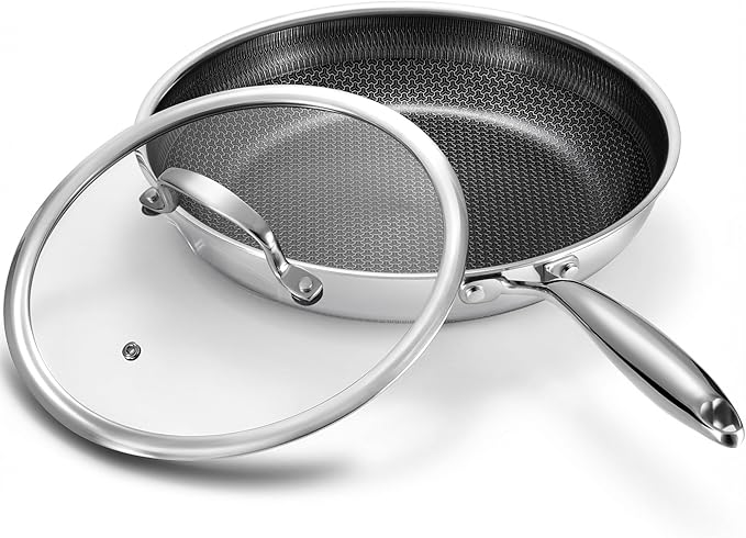 10 Inch Non Stick Frying Pan with Lid, Hybrid Nonstick Stainless Steel Skillet Pan with Stay-cooling Handle, PFOA Free Non Toxic Dishwash & Oven Safe Kithchen Cookware Set Compatible All Cooktops