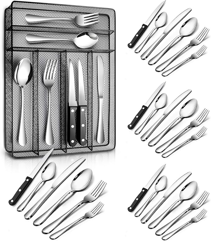 Teivio 24 Piece Silverware Set, Flatware Utensils Set Mirror Polished, Dishwasher Safe Service for 4, Include Knife/Fork/Spoon/Steak Knife/Wire Mesh Steel Cutlery Holder Storage Trays (Black Tray)