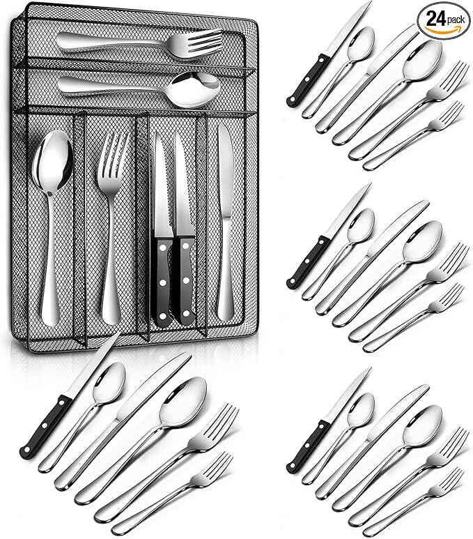 Teivio 24 Piece Silverware Set, Flatware Utensils Set Mirror Polished, Dishwasher Safe Service for 4, Include Knife/Fork/Spoon/Steak Knife/Wire Mesh Steel Cutlery Holder Storage Trays (Black Tray)