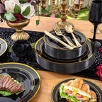 WELLIFE 210PCS Black and Gold Plastic Plates - Plastic Dinnerware Set for 30 Guests,Include 30 Dinner Plates, 30 Dessert Plates, 30 Black Cups 9 OZ, 30 Pre Rolled Napkins with Gold Silverware
