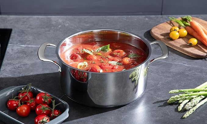 5-Ply 10 Pcs Stainless Steel Cookware Set, Pots and Pans Set with Glass Lids, Frying Pans, Saucepans, Saute Pan and Stock Pot, Compatible with All Cooktops, PTFE, PFAS and PFOA Free