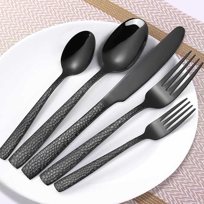 20 Piece Black Modern Flatware Set Hammered Silverware Set Stainless Steel Fine Vintage Dining Cutlery Utensil Set Forged with Hammered Handle Service for 4 Reusable Mirror Finish Dishwasher Safe