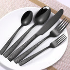 20 Piece Black Modern Flatware Set Hammered Silverware Set Stainless Steel Fine Vintage Dining Cutlery Utensil Set Forged with Hammered Handle Service for 4 Reusable Mirror Finish Dishwasher Safe