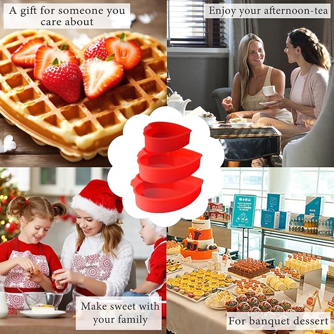 3 PCS Silicone Heart Shaped Cake Pans 4 6 8 Inch Nonstick Silicone Heart Baking Mold Reusable Food Grade Mold for Baking Brownie Valentine Mother Wedding Birthday Day(Red)