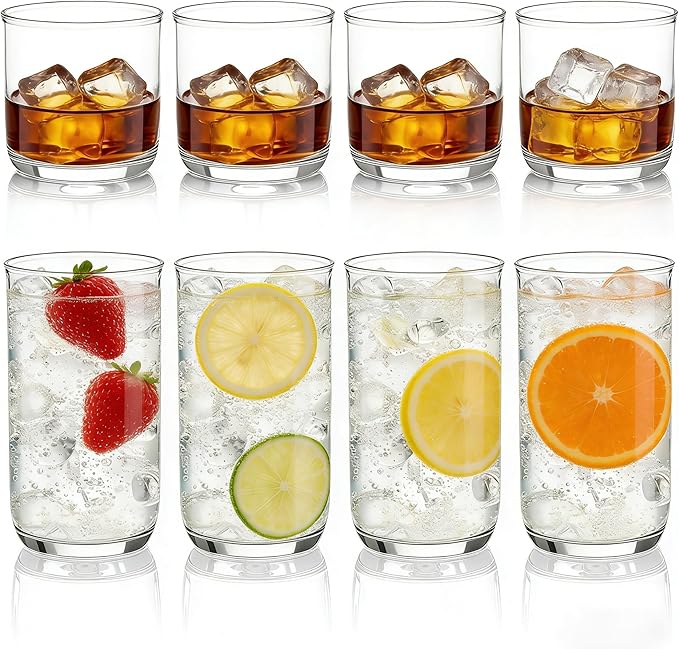 Berglander Drinking Glasses Set of 8, PET Clear Plastic Highball Glasses 14oz & Whiskey Cocktail Glasses Set 11.5oz, Heavy Duty Unbreakable Water Glasses Cup Tumbler Glassware for Beer, Juice, Milk