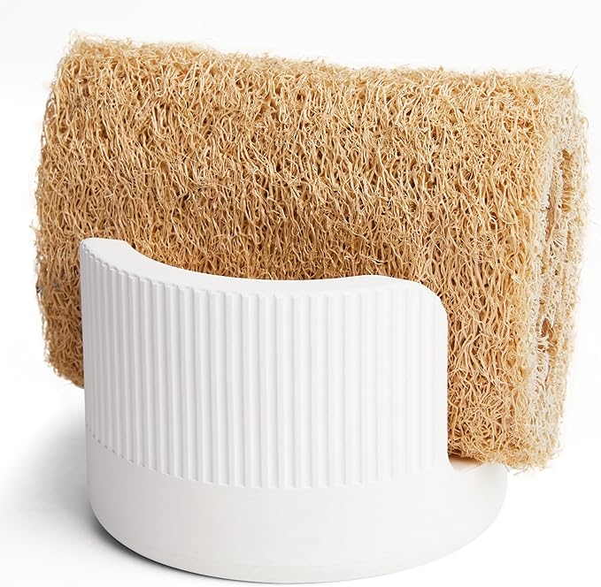 Quick Drying Diatomite Stone Sponge Holder, Compact Sponge Caddy for Kitchen Sink Counter, Water-Absorbing Round Organizer with Wide Slot, 1 Pack, White