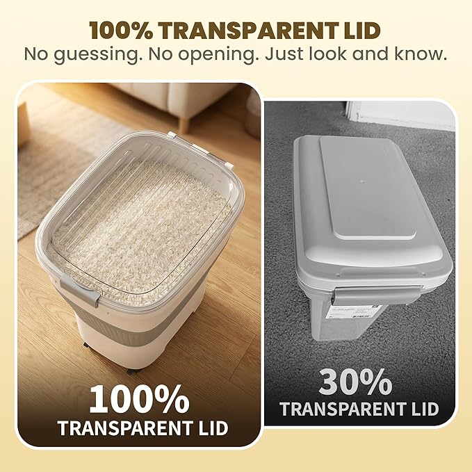 25-50Lbs Rice Container,Collapsible Food Storage Containers with Airtight Clear Lid,Wheels,Rice Storage Container with Small Bin and Scoop,Rice Dispenser for Flour Sugar Cereal Grain Dog Cat