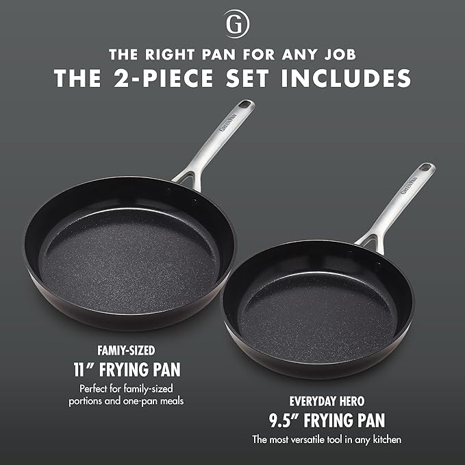 GreenPan 9.5” & 11” Ceramic Nonstick Frying Pan Skillet Set, PFAS-Free, Hard Anodized Cookware, Induction Compatible & All Cooktops, Dishwasher & Oven Safe, GP5 Stay-Flat Surface, Black