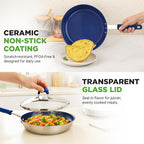NutriChef 8" Fry Pan With Lid - Small Skillet Nonstick Frying Pan With Lid, Silicone Handle, Ceramic Coating, Blue Silicone Handle, Stain-Resistant And Easy To Clean, Professional Home Cookware