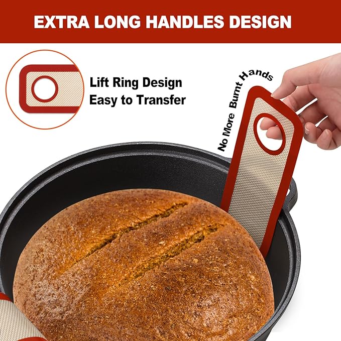 Silicone Bread Sling Dutch Oven - Best Japan Silicone. Non-Stick & Easy Clean Reusable Bread Baking Mat. With Extra Long Handles Bread Baking Sheet Liner, 2 Brown Set for Transferable Dough