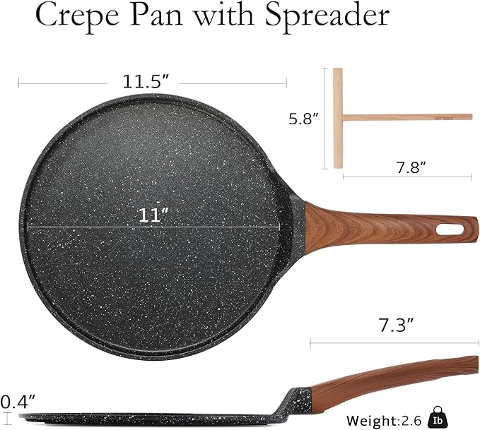 ESLITE LIFE 11 Inch Crepe Pan with Spreader, Nonstick Granite Coating Dosa Pan, Roti Tawa Comal Para Tortillas Pancake Griddle Pan, Induction Compatible, PTFE & PFOA Free, Black (Pack of 2)