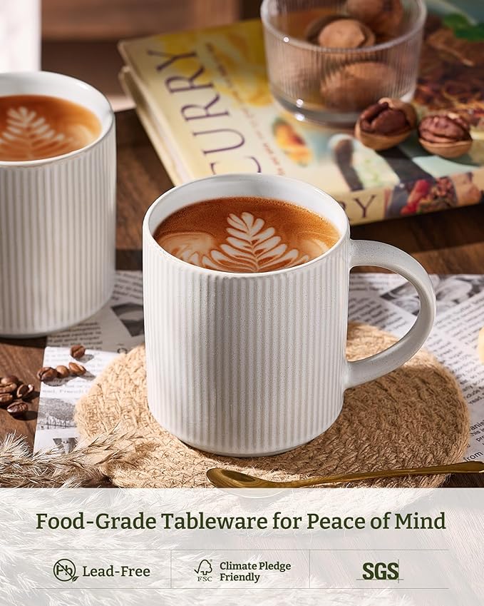 famiware Coffee Mug Set for 4, Star 16 oz Catering Mugs Cup Set with Handle for Coffee, Tea, Cocoa, Milk - Ceramic Stoneware Drinkware Set, Matte White + Matte Black