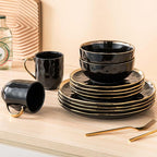 LOVECASA 16 Pieces Plates and Bowls Sets, Porcelain Black and Gold Dinnerware Sets, Round Dinner Plates Dishes Set Service for 4, Dishwasher Safe and Scratch Resistant, Black
