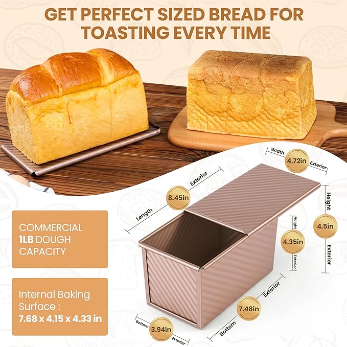 Pullman Loaf Pan with Lid, Premium 1 lb Dough Sandwich Nonstick Bread Pan with Lid for Homemade Bread, Heavy Duty Carbon Steel Corrugated Pullman Toast Box with Cover for Baking, Bakeware