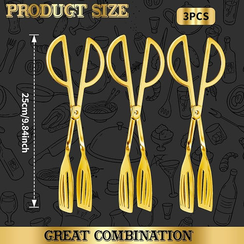 3PCS 9.8-Inch Stainless Steel Salad Tongs for Serving Heavy Duty Serving Tongs for Home Parties, Weddings, Buffets, Barbecues, Kitchen Utensils for Cake, Steak, Salad and More (3, Gold)