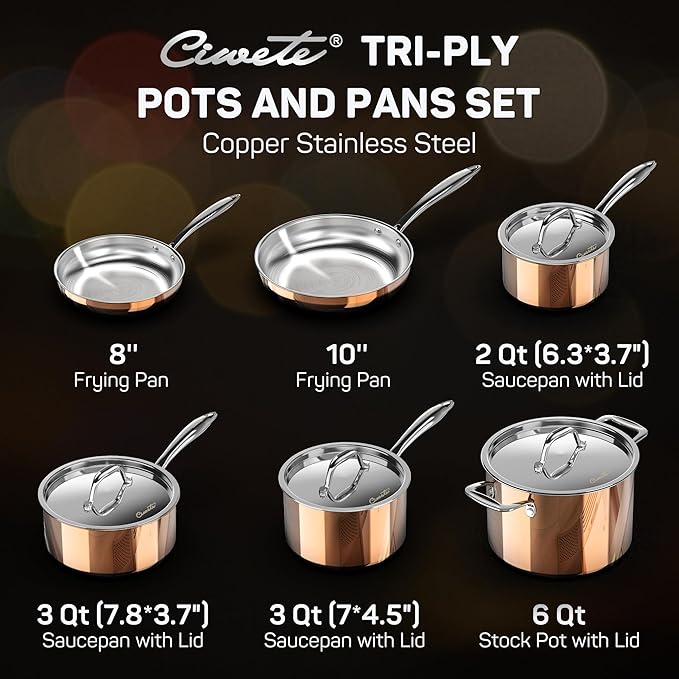 Whole Tri-ply 18/10 Stainless Steel Cookware Set, 10 Pcs Elegant Copper Pots and Pans Set, Induction Cookware, Frying Pans, Saucepans & Stock Pot with Lid, Ideal Gift for Wedding, Housewarming