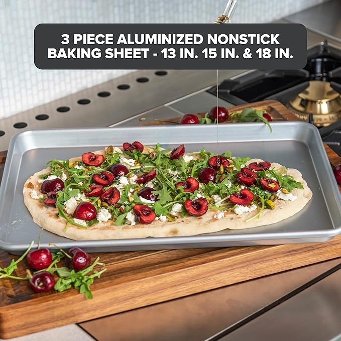 Viking Premium 3-Piece Nonstick Baking Sheet Pan Set, Made without PFAS, Heavy Gauge Aluminized Steel Cookie Sheets with Reinforced Iron Frame, 13, 15 & 18-Inch, Oven Safe to 475F