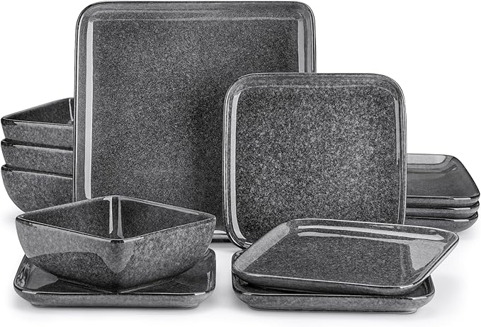 vancasso Stern Gray Dinner Set Square Reactive Glaze Tableware 12 Pieces Kitchen Dinnerware Stoneware Crockery Set with Dinner Plate, Dessert Plate, Bowl Service for 4