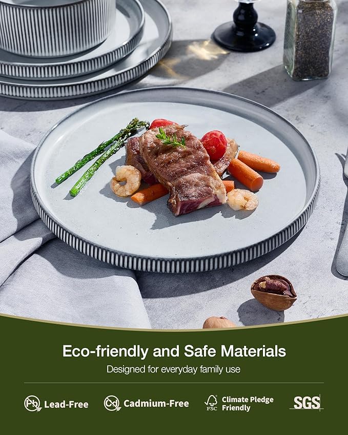 Famiware Star 24-Piece Plates and Bowls Set with Trim, Service for 8 - Stoneware Reactive Glaze Dinnerware, High Edge Ribbed Dishes, Chip & Scratch Resistant, Microwave & Dishwasher Safe, Smoky Blue