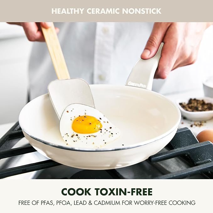GreenPan Dover 8” Frying Pan Skillet with Spatula, Non-Toxic PFAS-Free Ceramic Nonstick Coating, Sear Saute Fry Egg Omlete, Dishwasher & Oven Safe, Stay Cool Handle, Easy Pour Rims, Cream White