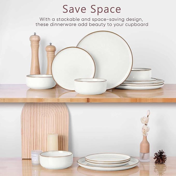 Herogo 18-Piece Stoneware Dinnerware Set for 6, Handmade Plates & Bowls with Double Reactive Glaze, Microwave and Dishwasher Safe, Scratch Resistant, Ivory White
