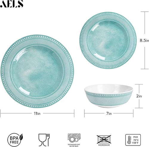 AELS Melamine Dinnerware Set of 12 Pcs, Dinner Dishes Set for Indoor and Outdoor Use, Melamine Plates and Bowls Set for 4, Dishwasher Safe, Lightweight Unbreakable, BPA Free, Green