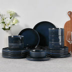 E-far Stoneware Dinnerware Sets, 18-Pieces Plates and Bowls Sets, Chip & Scratch Resistant Ribbed Dishes Set for 6, Modern Kitchen Dinning Porcelain, Dishwasher & Microwave Safe, Midnight Blue