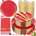 NOCCUR 350PCS Red Plastic Plates - Disposable Red Gold Dinnerware Set for 50 Guests, 100 Dinner/Dessert Plates, 150 Gold Silverware, 50 Cups&50 Napkins for Party/Wedding/Mother's Day