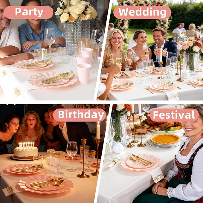 175PCS Gold and Pink Plastic Dinnerware Set, Plastic Party Plates for 25 Guests, 50 Disposable Plates, 25 Heavy Duty Silverware, 25 Cups, 25 Napkins for Party and Wedding