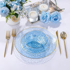 I00000 30 Pack 12 Ounce Blue Plastic Bowls Hammered Clear Bowl with Gold Rimmed, Heavy Duty Disposable Bowl Set,Elegant Small Bowls for Party, Weddings, Catering