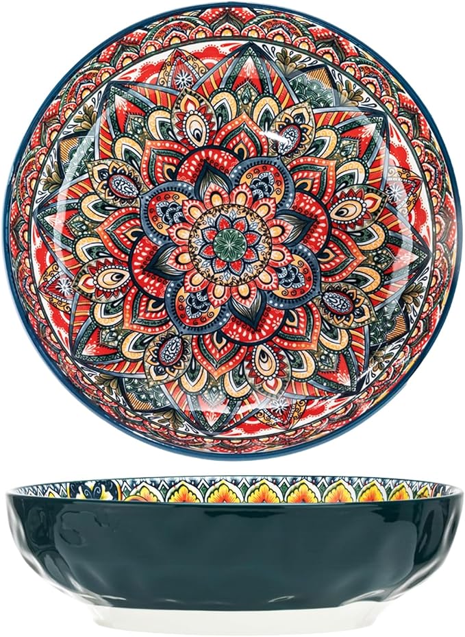 Boho Large Serving Bowls, 10.2 Inch Fruit Salad Bowls, Decorative Serving Dishes for Entertaining, 80 OZ Pasta Bowls Set of 2, Vibrant Colorful Soup Bowls for Party, Home Decor, Bohemian Style Gift