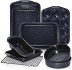 HONGBAKE 9-Piece Non Stick Bakeware Sets with Wave Texture for Reduced Grease, 0.8mm Thick Non Toxic Baking Pans Set, Includes Stackable Cookie Sheets for Oven Cooking, Shimmer Blue