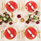 Nervure 350PCS Red Plastic Plates - Red Gold Plastic Dinnerware Sets for 50 Guests - 100 Gold Disposable Plates, 50 Pre Rolled Silverware Sets, 50 Cups Perfect for Wedding & Party