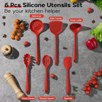 Onader Silicone Cooking Utensils Set, Red Kitchen Utensils 6 Pcs Set, Heat Resistant Kitchen Tool Kit, Nonstick Cookware Friendly & Non Toxic