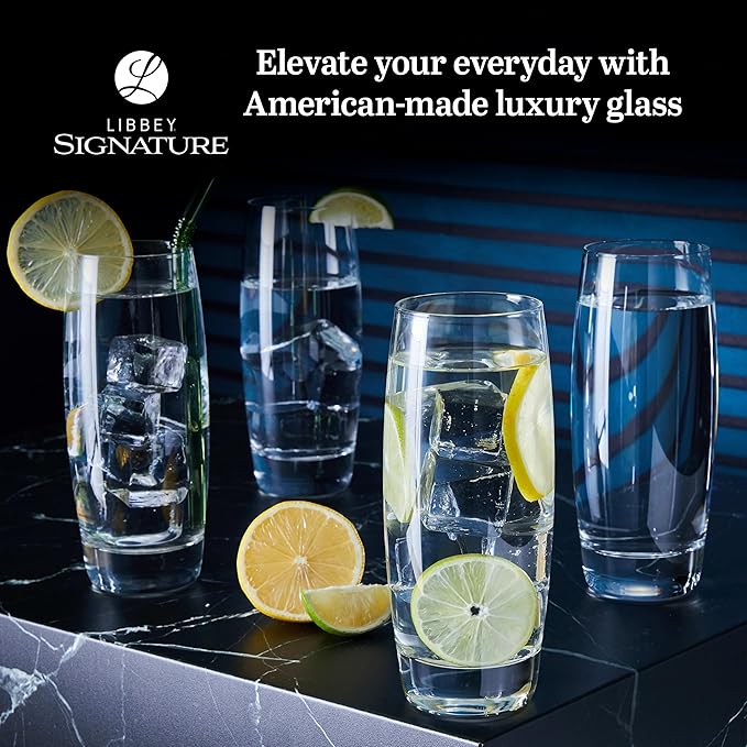 Libbey Signature Kentfield Glass Tumbler Set of 8, Elegant Heavy Base Glass Tumblers with Wide Rim, Tapered 16 oz Drinkware Set for Water and Drinks