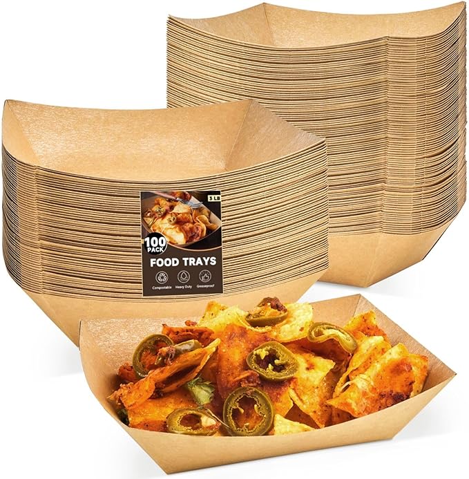 ZORRITA 3 Lb Paper Food Trays - 100 Pack Disposable Nacho Trays, Kraft Paper Food Boats Taco Holders Party Serving Baskets for Hot Dogs Snacks Tacos Fries