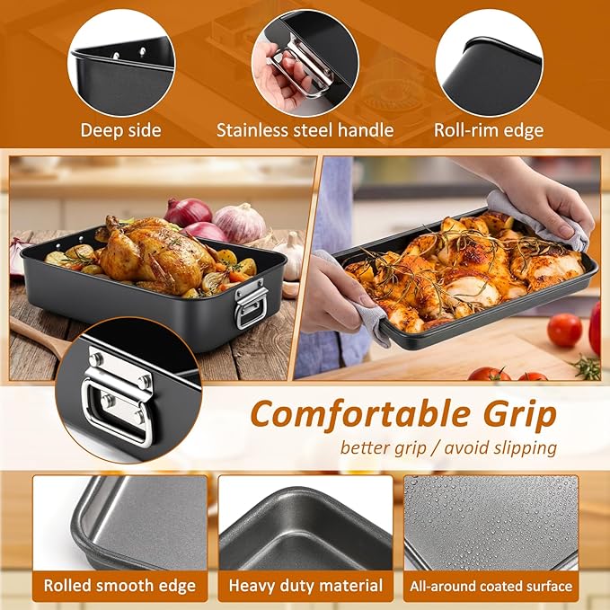 4 Pcs Deep Lasagna Baking Pan for Oven, 16/13.8/10 Inch Baking Dishes for Oven, Roasting Pans with Stainless Steel Handles, Heavy Duty Bakeware for Cake and Brownie