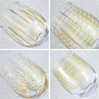 Joeyan Hand Blown Stemless Wine Glasses with Gold Dots Swirls Grids Strips Pattern for Red White Wine,Large Drinking Glass Cups,Wine Glass Tumblers for Wedding Party Home,Set of 4,17.5 oz