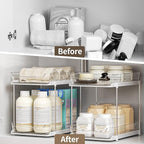 Delamu 2-Tier Multi-Purpose Bathroom Under Sink Organizers and Storage, Stackable Kitchen Pantry Organization, Pull Out Medicine Cabinet Organizer with Movable Dividers, White, 1 Pack