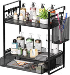 VITVITI 2 Tier Bathroom Organizer Countertop with Drawer, Metal Mesh Bathroom Counter Vanity Organizer Storage, Bath Room Sink Kitchen Spice Rack with Basket Hooks, Black