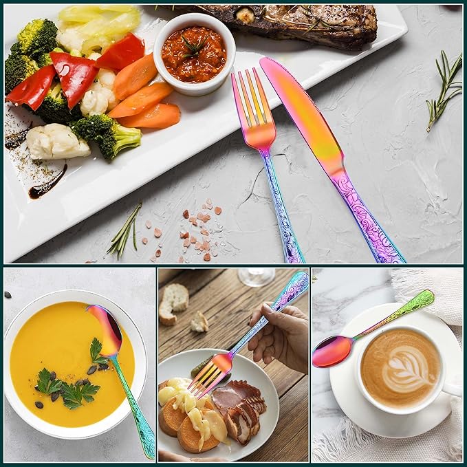 Rainbow Silverware Set, 30 Pieces Vintage Carved Flatware Set for 6, Stainless Steel Cutlery Set with Knife/Fork/Spoon,Utensil Set for Home and Kitchen, Dishwasher Safe