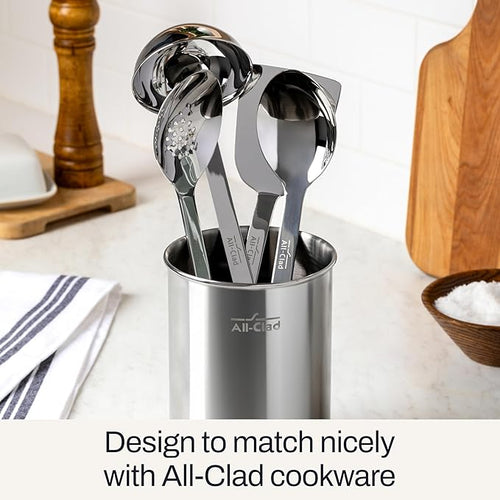 All-Clad 5-Piece Stainless Steel Kitchen Utensil Set – Includes Ladle, Solid Spoon, Slotted Spoon, Turner & Storage Caddy – Heavy-Gauge, Ergonomic, Dishwasher Safe, Silver