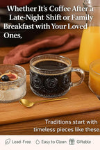 JBHO Vintage Glass 14OZ Coffee Mugs 4pcs Clear Embossed Glass Cups with Bamboo Lids and Spoons Gifts for Women Overnight Containers for Tea,Cereal,Cappuccino, Latte